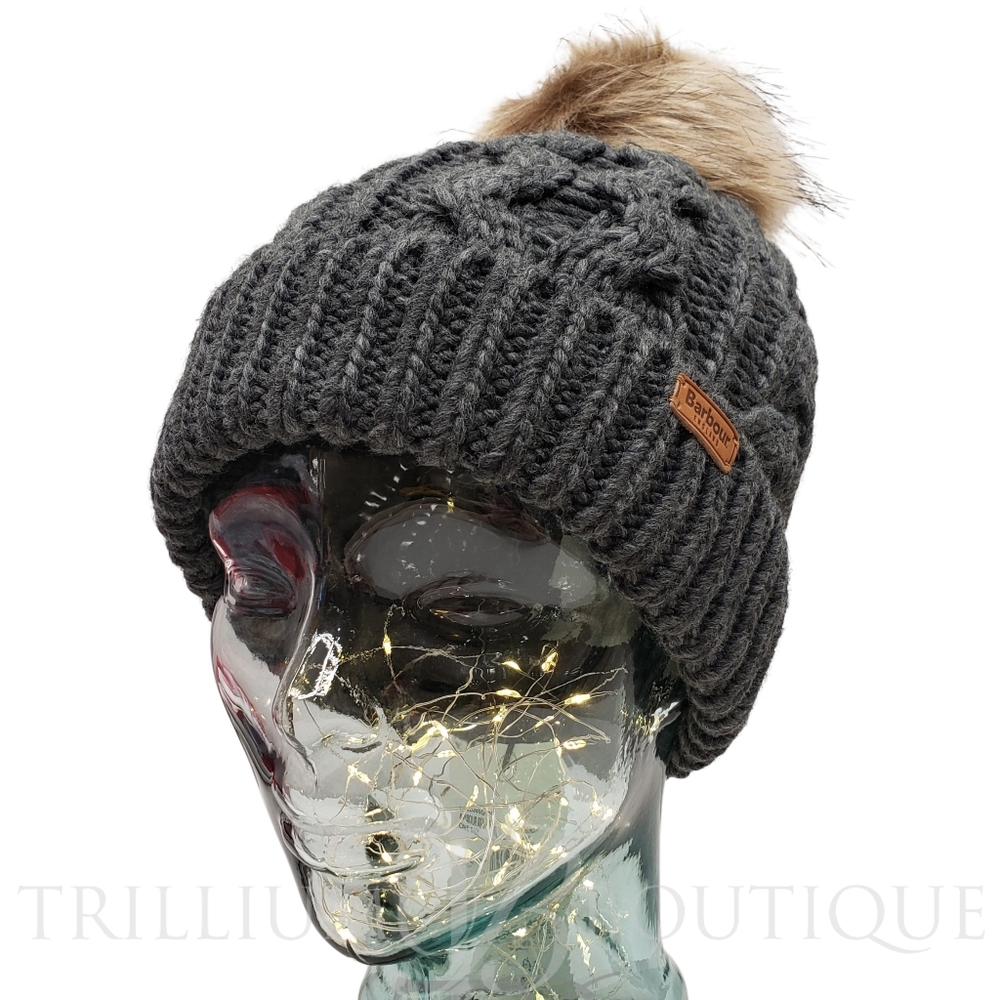 Barbour Hat Beanie Penshaw Cable-Knit Charcoal Faux Fur Pom Cottagecore Outdoor